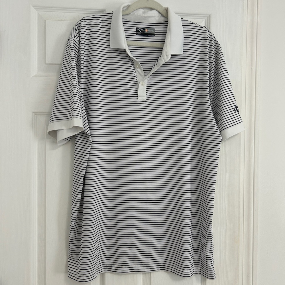 Callaway Men’s Opti Dri Blue and White Striped Polo Short Sleeve Golf Shirt
